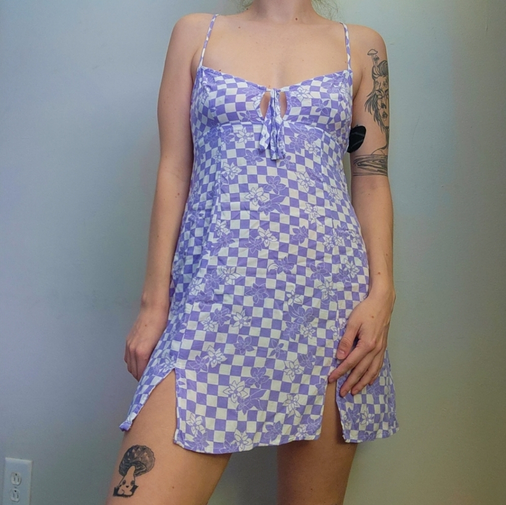 Wild Fable Skater Dress w/ Purple Checkered Floral Print Size S